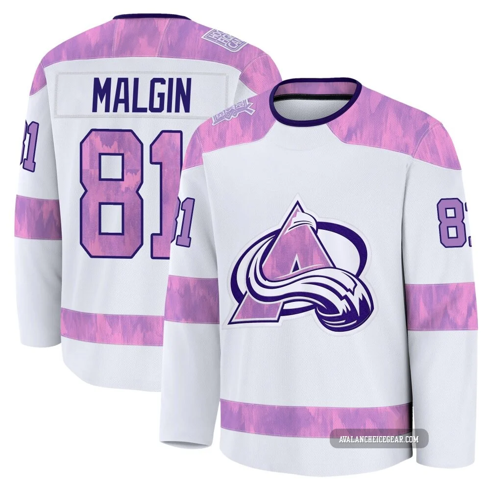 Denis Malgin Colorado Avalanche White ＃81 Men's 2024 Hockey Fights Cancer Practice Premium Jersey