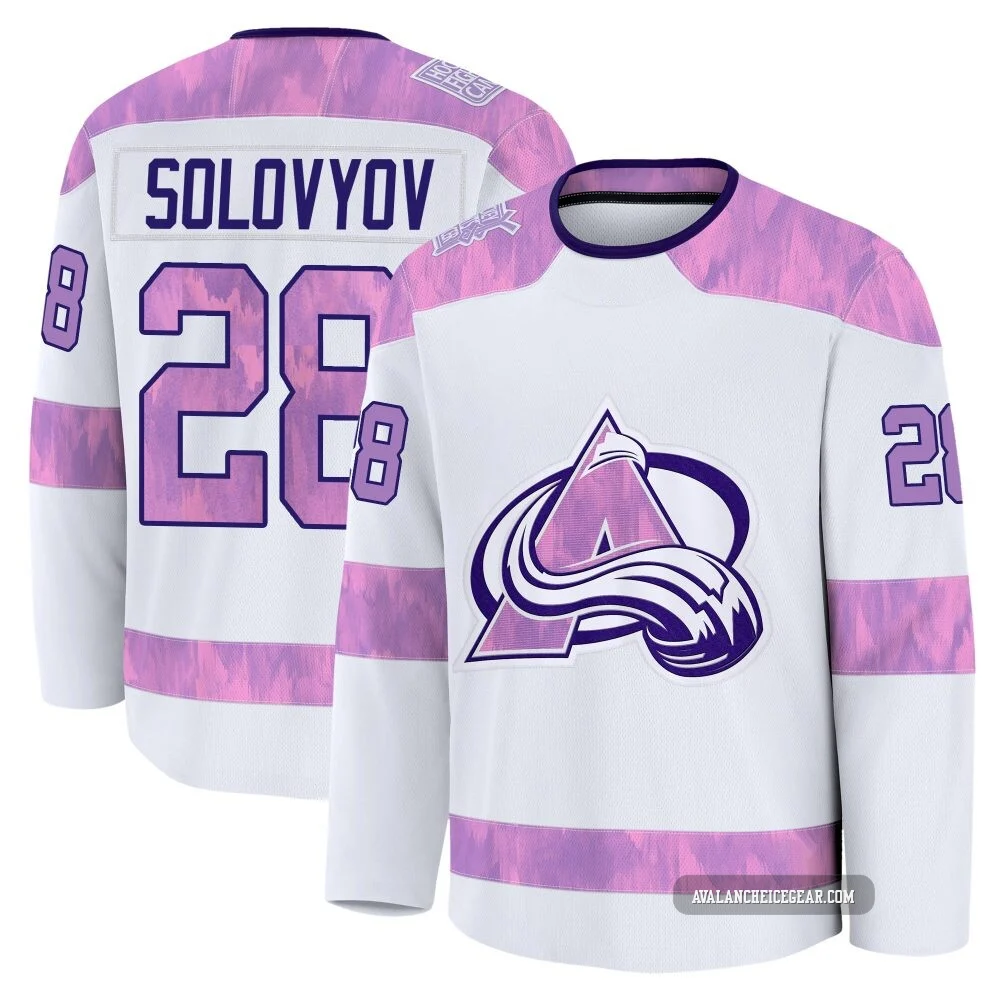 Ilya Solovyov Colorado Avalanche White ＃28 Men's 2024 Hockey Fights Cancer Practice Premium Jersey