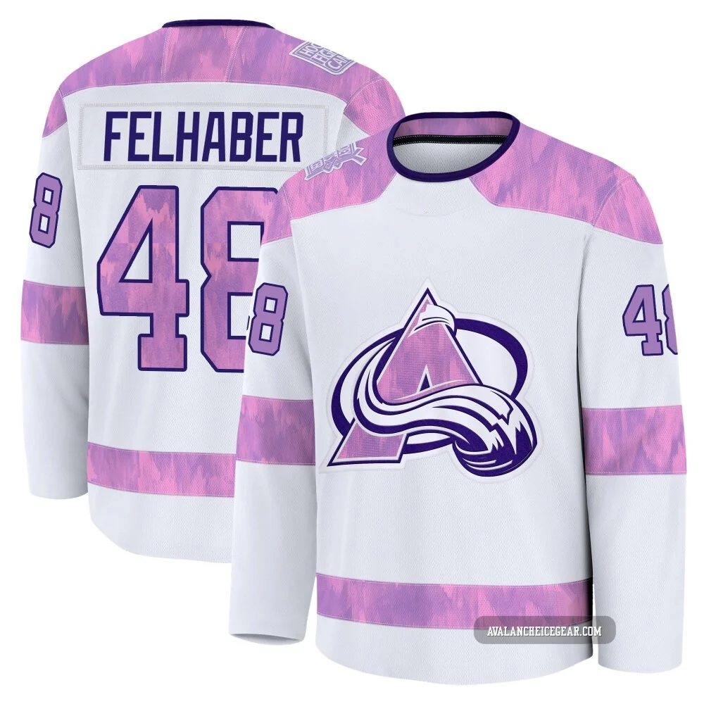 Tye Felhaber Colorado Avalanche White ＃48 Youth 2024 Hockey Fights Cancer Practice Premium Jersey