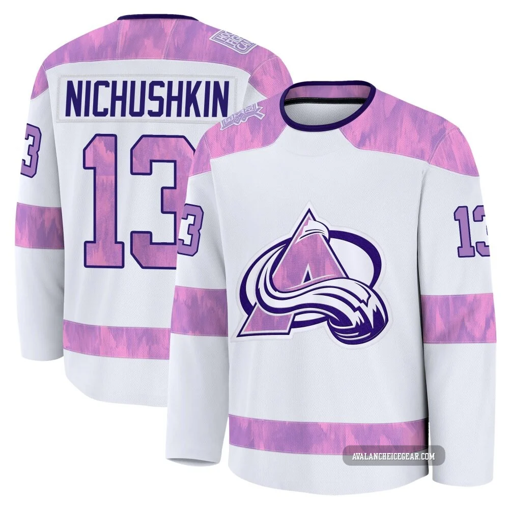 Valeri Nichushkin Colorado Avalanche White ＃13 Youth 2024 Hockey Fights Cancer Practice Premium Jersey